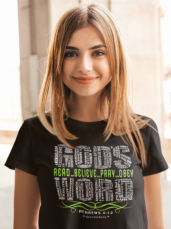 CHRISTIAN UNISEX T-SHIRT GOD'S WORD...READ-BELIEVE-PRAY-OBEY