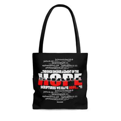 CHRISTIAN FAITH TOTE BAG - SHARE HOPE...THROUGH THE ENCOURAGEMENT OF THE SCRIPTURES WE HAVE HOPE - BLACK