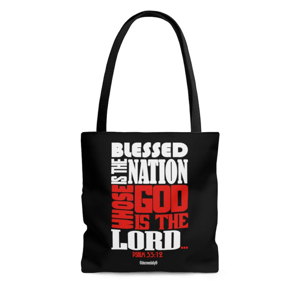 CHRISTIAN FAITH TOTE BAG - BLESSED IS THE NATION WHOSE GOD IS THE LORD - BLACK