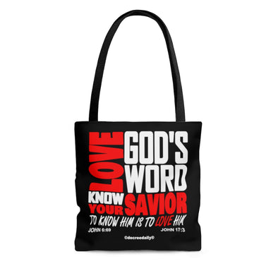 CHRISTIAN FAITH TOTE BAG - LOVE GOD'S WORD...KNOW YOUR SAVIOR...TO KNOW HIM IS TO LOVE HIM - BLACK