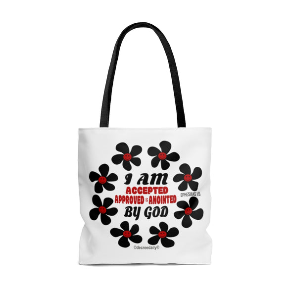 CHRISTIAN FAITH TOTE BAG - I AM ACCEPTED, APPROVED & ANOINTED BY GOD - WHITE