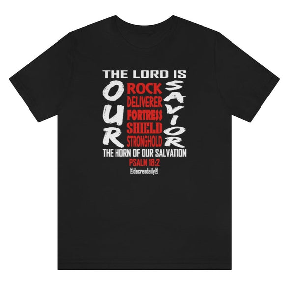 CHRISTIAN UNISEX T-SHIRT - THE LORD IS OUR...Rock, Deliverer, Fortress, Shield, Stronghold...SAVIOR...