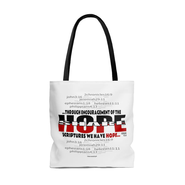 CHRISTIAN FAITH TOTE BAG - SHARE HOPE...THROUGH THE ENCOURAGEMENT OF THE SCRIPTURES WE HAVE HOPE