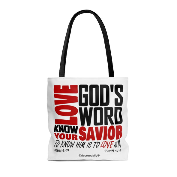 CHRISTIAN FAITH TOTE BAG - LOVE GOD'S WORD...KNOW YOUR SAVIOR...TO KNOW HIM IS TO LOVE HIM