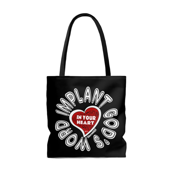 CHRISTIAN FAITH TOTE BAG - IMPLANT GOD'S WORD IN YOUR HEART - BLACK