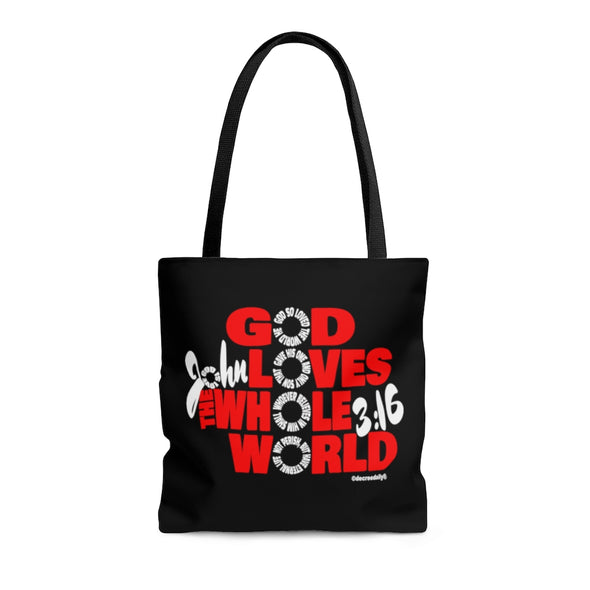 CHRISTIAN FAITH TOTE BAG - GOD LOVES THE WHOLE WORLD - BLACK