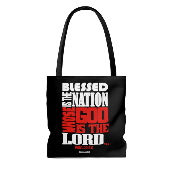 CHRISTIAN FAITH TOTE BAG - BLESSED IS THE NATION WHOSE GOD IS THE LORD - BLACK