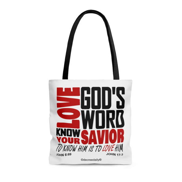 CHRISTIAN FAITH TOTE BAG - LOVE GOD'S WORD...KNOW YOUR SAVIOR...TO KNOW HIM IS TO LOVE HIM