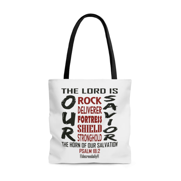 CHRISTIAN FAITH TOTE BAG - THE LORD IS OUR...Rock, Deliverer, Fortress, Shield, Stronghold...SAVIOR.